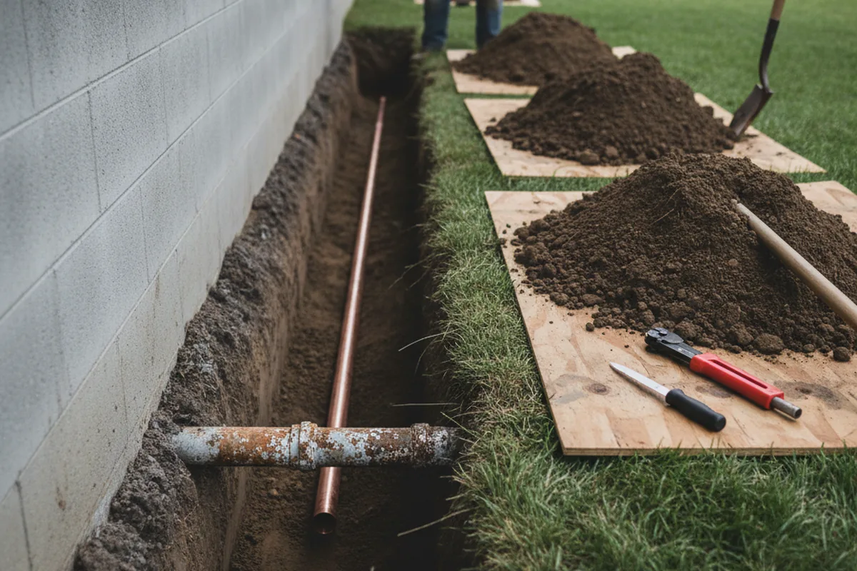 Excavated water line trench during Sewer Line Repair in Le Mars